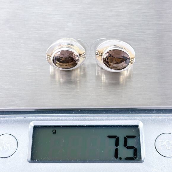 Vintage Sterling Silver 925 Brown Faceted Smoky Quartz Stud Earrings - Picture 9 of 9